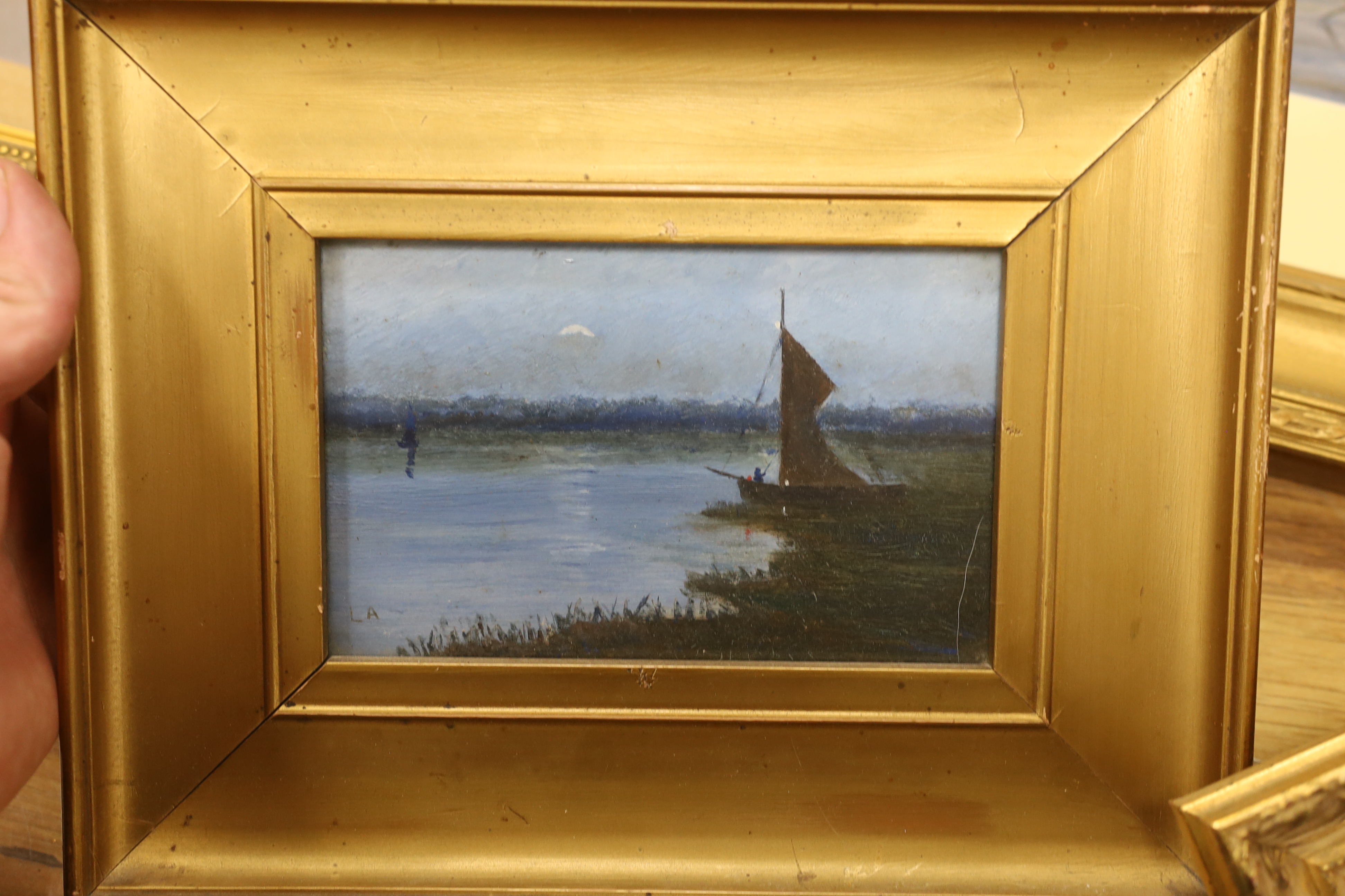 Lawrence Van Ackerman, pair of oils, Moonlit river landscapes, together with a pair of Grand Tour watercolours, a small oil on board, Coastal view and a print of a lady, largest 10 x 15cm (6)